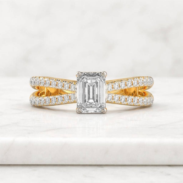emerald cut ring split shank ring pave ring solitaire ring statement ring gold ring bridal ring women ring fine jewelry luxury ring elegant ring crystal ring clear stone ring