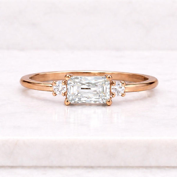 emerald cut ring three stone ring rose gold ring thin band ring solitaire ring dainty ring promise ring women ring elegant ring bridal ring
