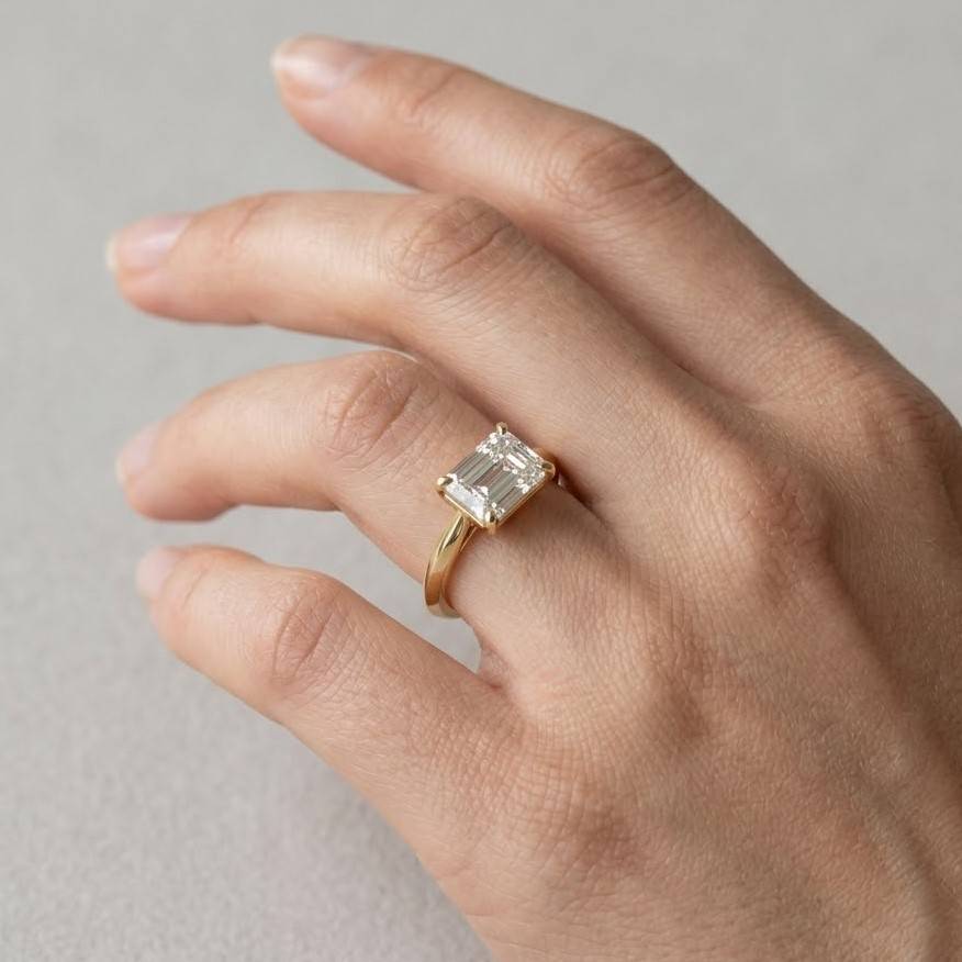 east west emerald lab grown diamond engagement ring, emerald cut solitaire ring, hidden halo moissanite ring, minimalist 14k gold ring
