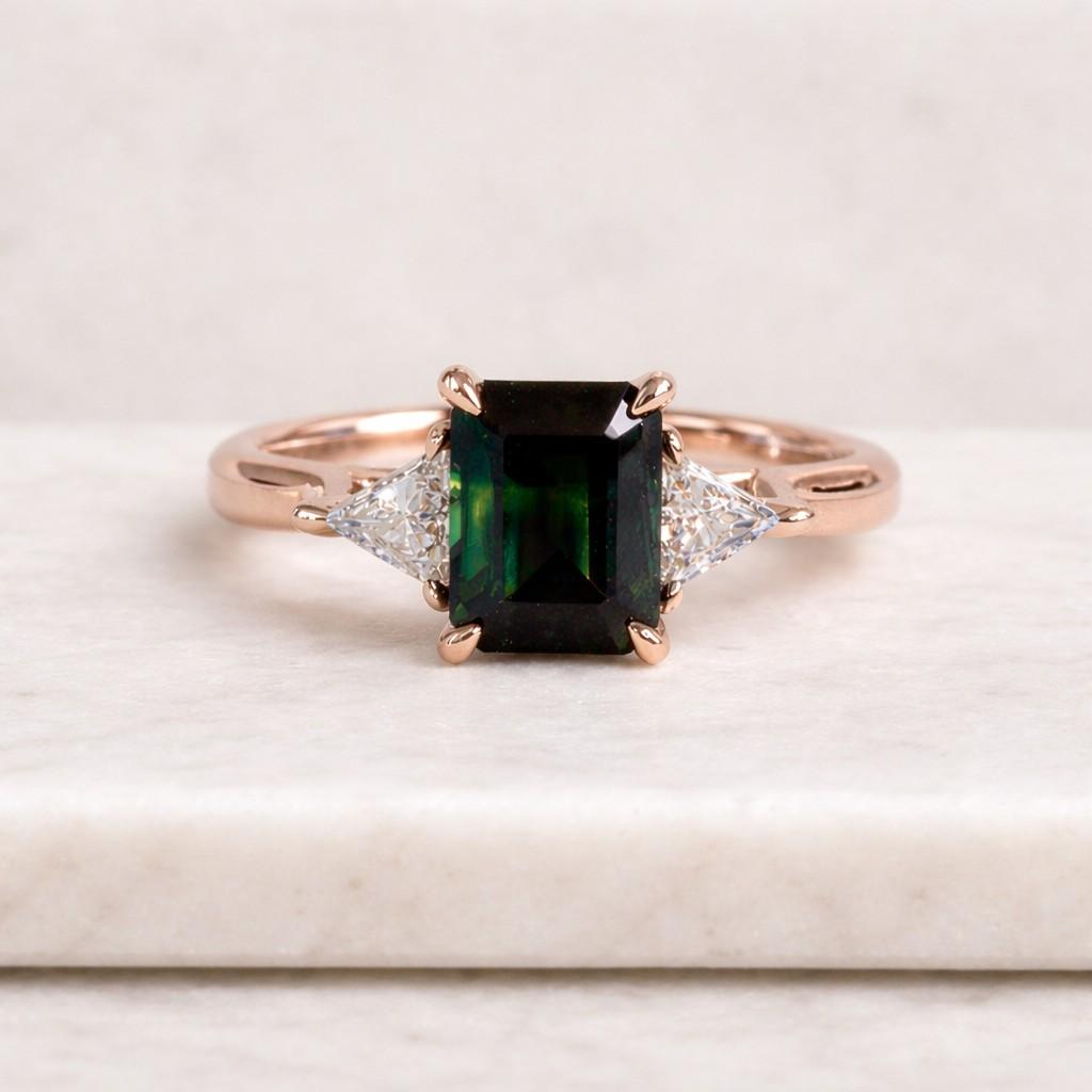 emerald engagement ring green sapphire ring teal sapphire ring emerald gemstone ring triangle side stones trillion cut ring emerald shape ring geometric ring vintage ring