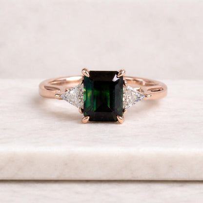 emerald engagement ring green sapphire ring teal sapphire ring emerald gemstone ring triangle side stones trillion cut ring emerald shape ring geometric ring vintage ring