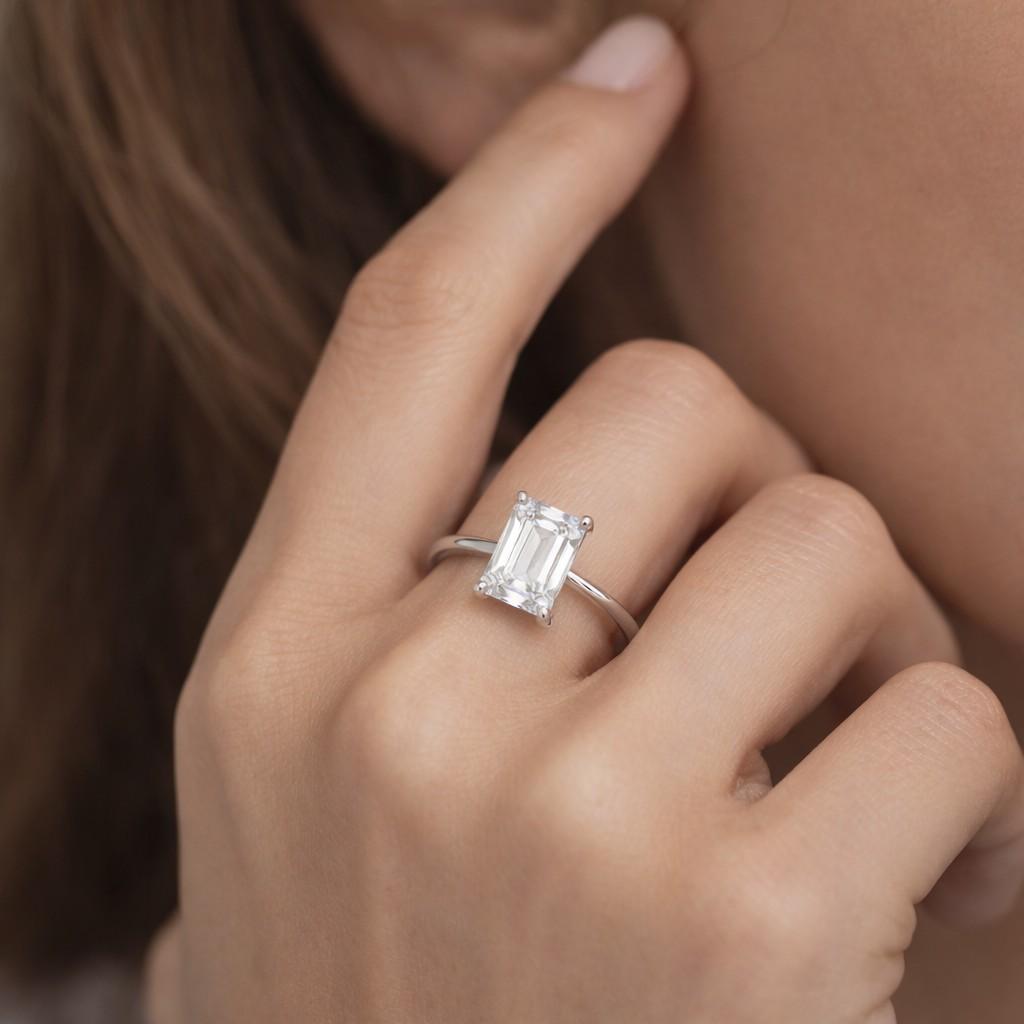 emerald cut lab grown diamond double prong solitaire ring, emerald diamond engagement ring, 14k gold lab diamond ring for wedding gifts
