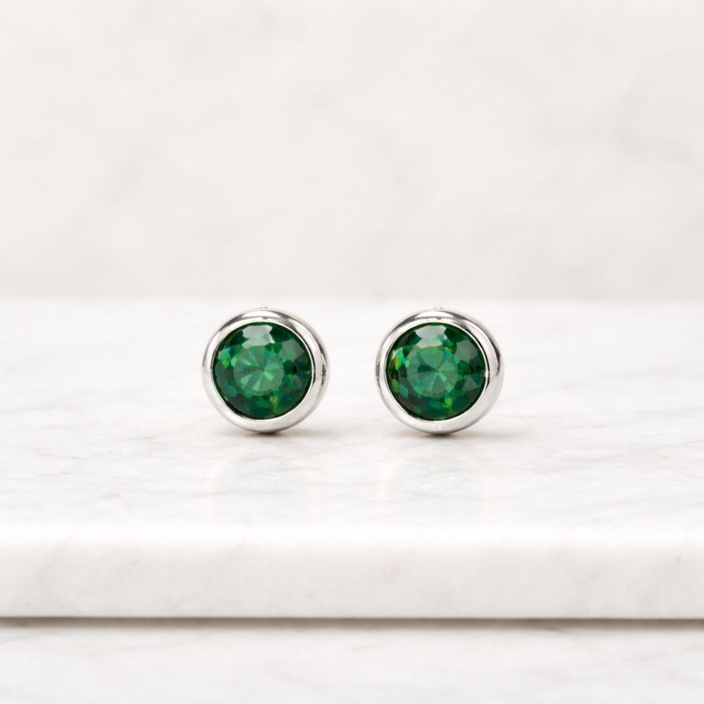 emerald green earrings solitaire earrings round gemstone earrings bezel set studs gold stud earrings rose gold earrings