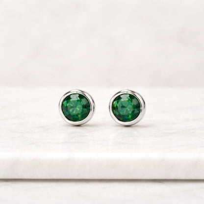 emerald green earrings solitaire earrings round gemstone earrings bezel set studs gold stud earrings rose gold earrings