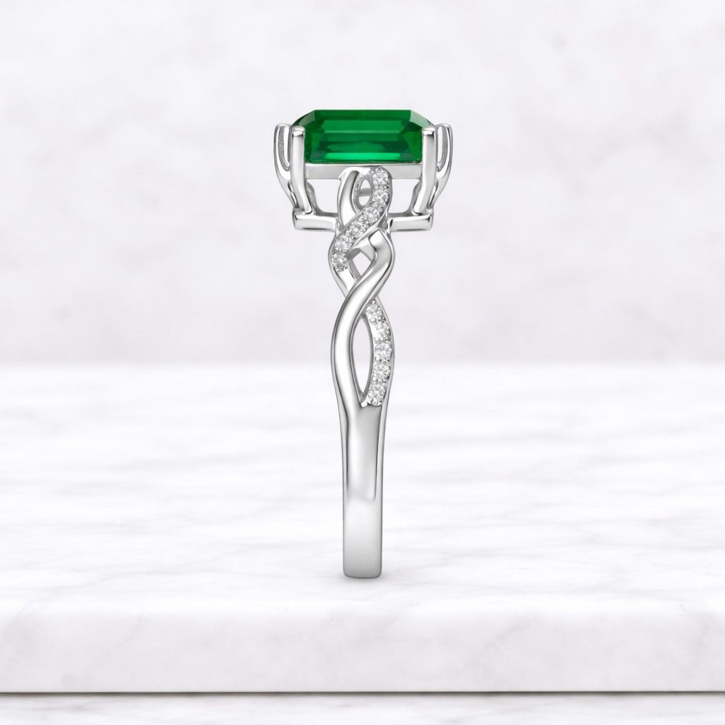 emerald engagement ring, emerald cut green gemstone, 14k gold infinity twisted band, may birthstone jewelry, unique anniversary gift her
