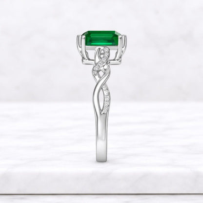 Emerald Engagement Ring, Emerald Cut Green Gemstone, 14k Gold Infinity Twisted Band, May Birthstone Jewelry, Unique Anniversary Gift Her
