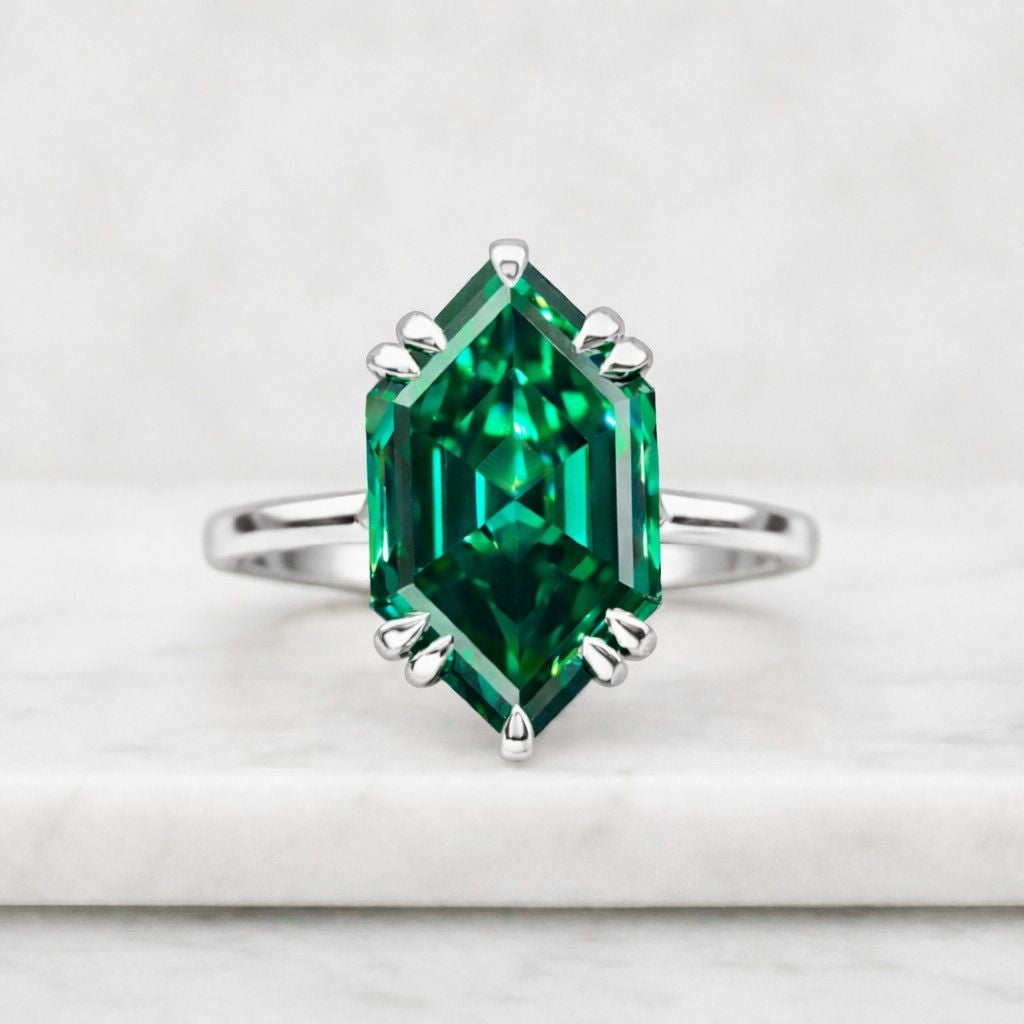 long hexagon cut lab created emerald k solid gold ring for women engagement wedding band gemstone ring handmade anniversary gifts