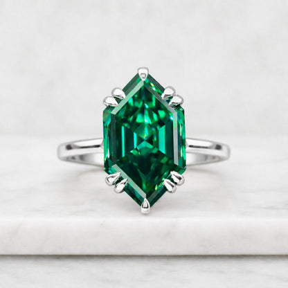 Long Hexagon Cut Lab Created Emerald K Solid Gold Ring For Women Engagement Wedding Band Gemstone Ring Handmade Anniversary Gifts