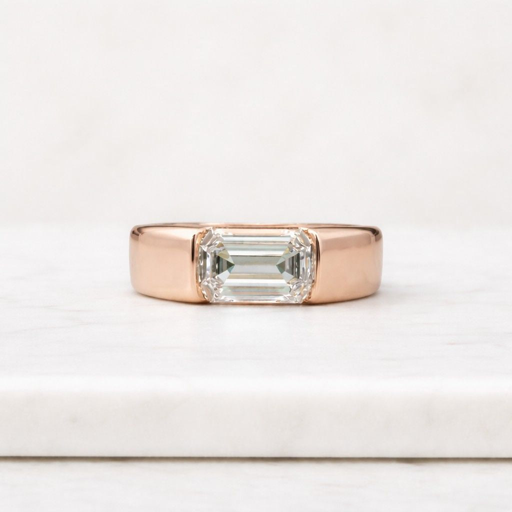 east west emerald cut lab grown diamond ring, 18k yellow gold half bezel solitaire handmade emerald moissanite engagement ring: 14k yellow gold solitaire 
