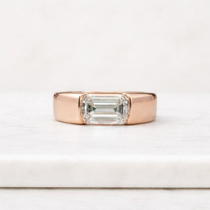 East West Emerald Cut Lab Grown Diamond Ring, 18K Yellow Gold Half Bezel Solitaire Handmade Emerald Moissanite Engagement Ring: 14k Yellow Gold Solitaire 
