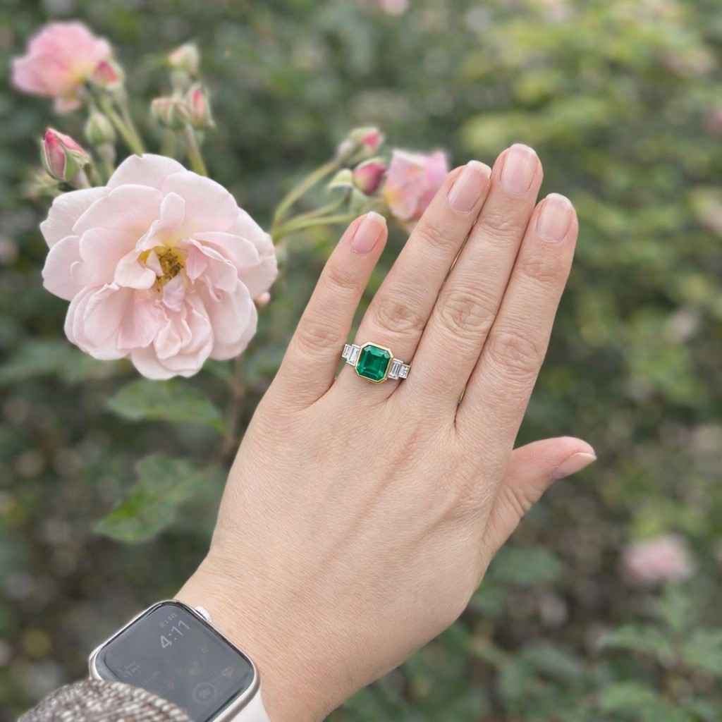 Cyan Green Asscher Cut Moissanite Ring | Unique Step Cut Engagement Ring | Baguette Side Stone Modern Ring | Art Deco Statement Ring for Her