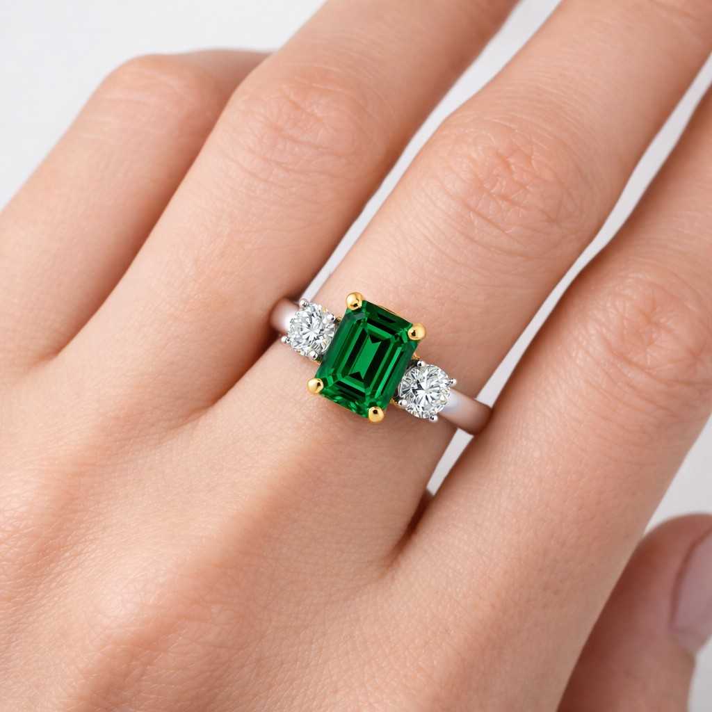 14k three stone emerald ring, emerald engagement ring, emerald cut green emerald, three stone ring, anniversary ring, may birthstone
