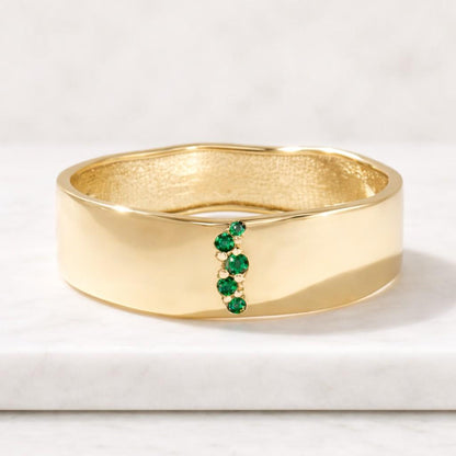 14k Solid Gold Emerald Wedding Band, Dainty Pave Green Stone Ring, Minimalist Marriage Band for Women, May Birthstone Jewelry Gift for Her