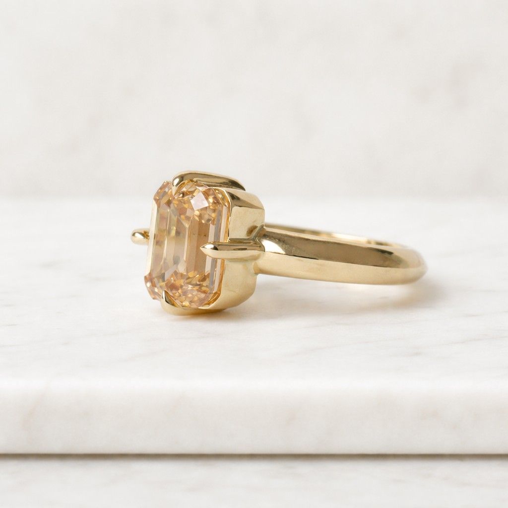 10 ct canary yellow emerald cut moissanite solitaire engagement ring, wide yellow gold band, statement wedding ring, anniversary gift