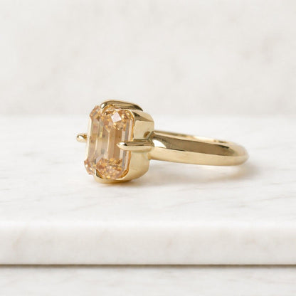 10 CT Canary Yellow Emerald Cut Moissanite Solitaire Engagement Ring, Wide Yellow Gold Band, Statement Wedding Ring, Anniversary Gift
