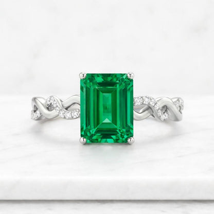 Emerald ring for her handmade luxury ring women's promise green emerald cut gemstone ring twist band May birthstone ring
