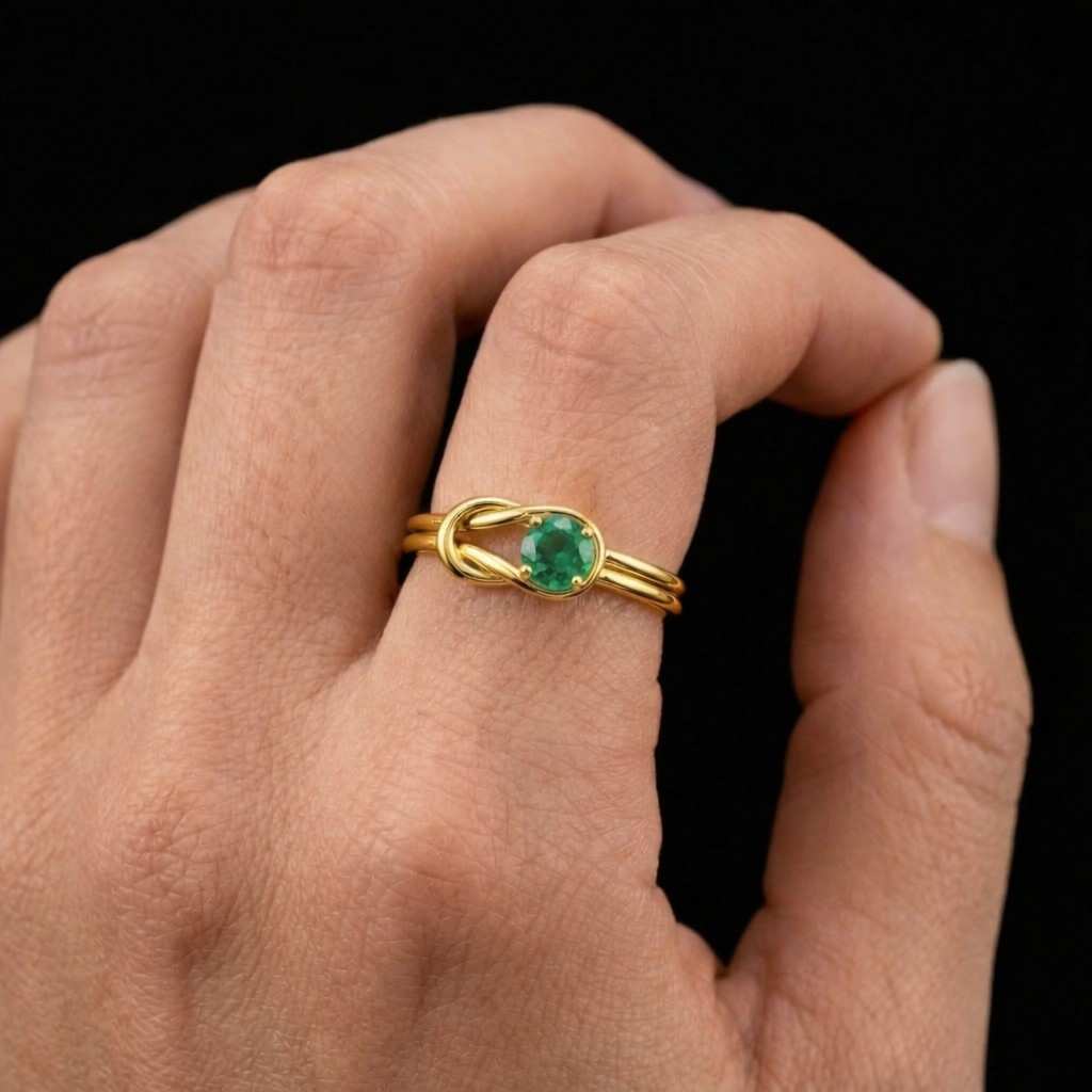 lab created emerald ring, gold plated brass ring, round green gemstone ring, wavy bypass ring, may birthstone gift for her
