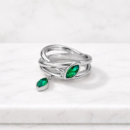 emerald ring green crystal ring marquise gemstone ring charm ring dangling stone ring open band ring twisted ring designer ring fine jewelry ring