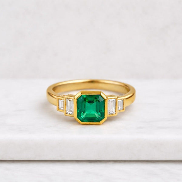 Three Stone Ring Emerald Cut Lab Created Emerald 925 Sterling Silver Ring For Women Engagement Ring Handmade Gemstone Ring Gifts For Her