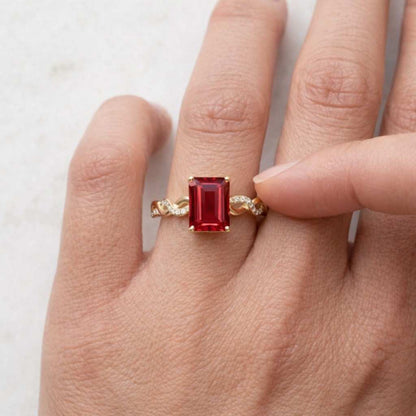 emerald ruby ring red crystal ring gold jewelry rectangular stone ring twisted shank ring infinity ring vintage style ring artisan jewelry handcrafted ring