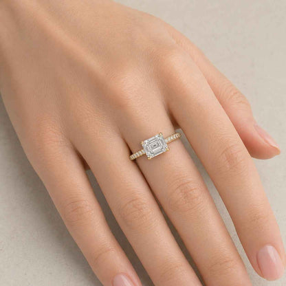 Emerald Cut Diamond Pave Band Genuine Lab Grown Diamond Rings Emerald-Cut Diamond Ring Hidden Halo Rings High Setting Rings Cathedral Ring