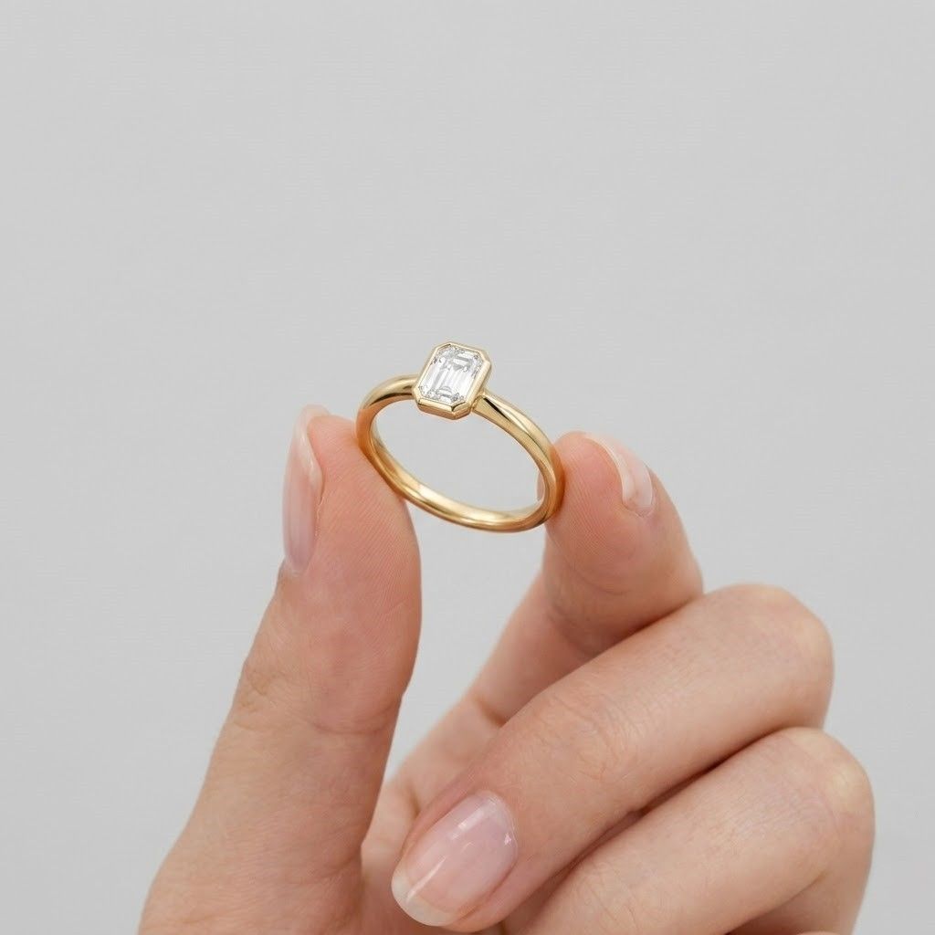 Solid Gold Solitaire Emerald Cut Moissanite Engagement Ring Bezel Set, Cathedral Ring
