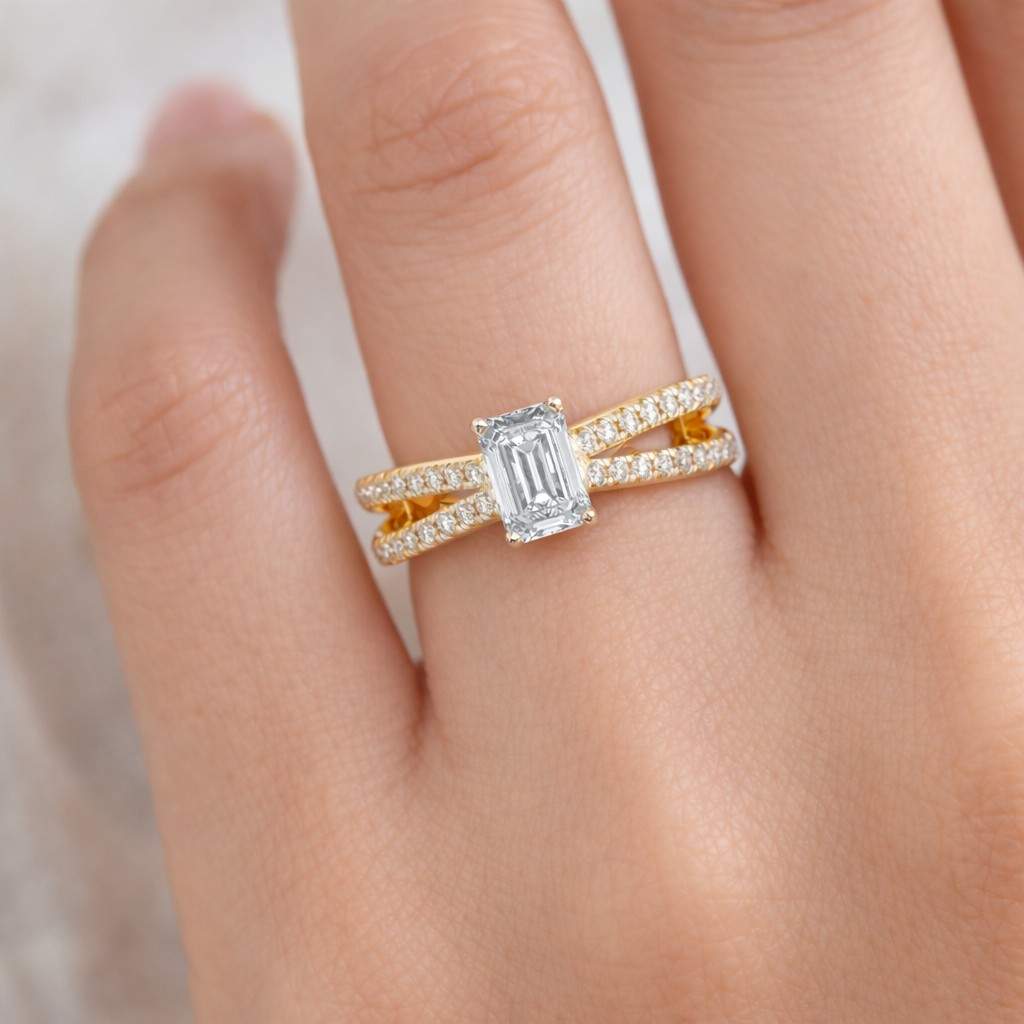 emerald solitaire split band ring pave band ring double row ring open band ring bridal set ring engagement jewelry luxury engagement rectangle diamond ring elongated stone ring