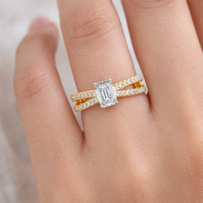 emerald solitaire split band ring pave band ring double row ring open band ring bridal set ring engagement jewelry luxury engagement rectangle diamond ring elongated stone ring