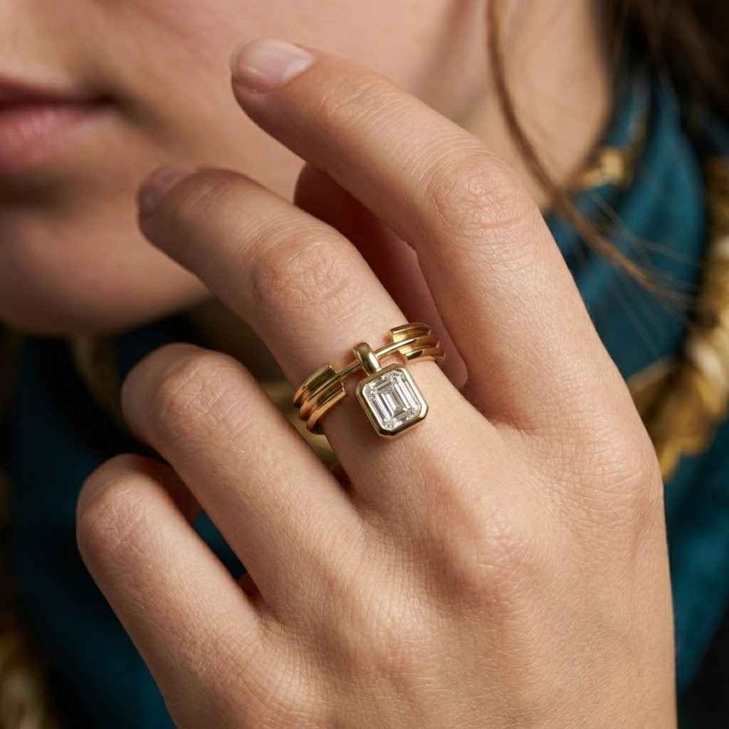 emerald stone ring bezel set ring yellow gold ring open cuff ring architectural ring sleek jewelry dainty statement ring geometric jewelry fashion jewelry modern accessory