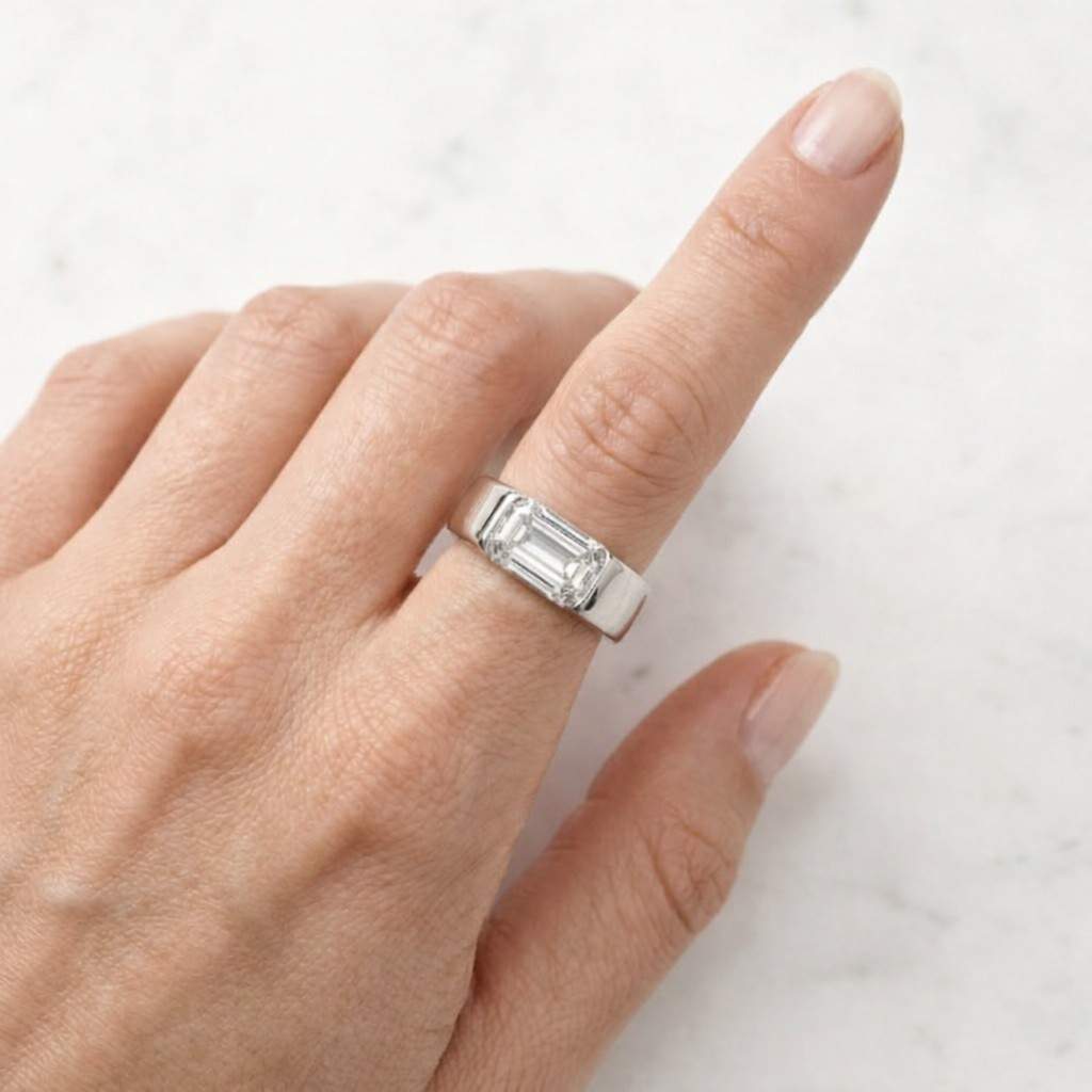 east west set 1.5ct emerald cut moissanite engagement ring, signet ring, gold pinky ring, solitaire bezel set ring, statement ring for women
