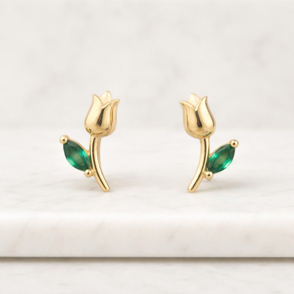 emerald stud earrings gold tulip floral design minimalist dainty jewelry for women green gemstone earrings everyday wear gift for her birthday anniversary