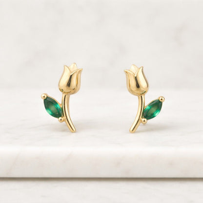 emerald stud earrings gold tulip floral design minimalist dainty jewelry for women green gemstone earrings everyday wear gift for her birthday anniversary