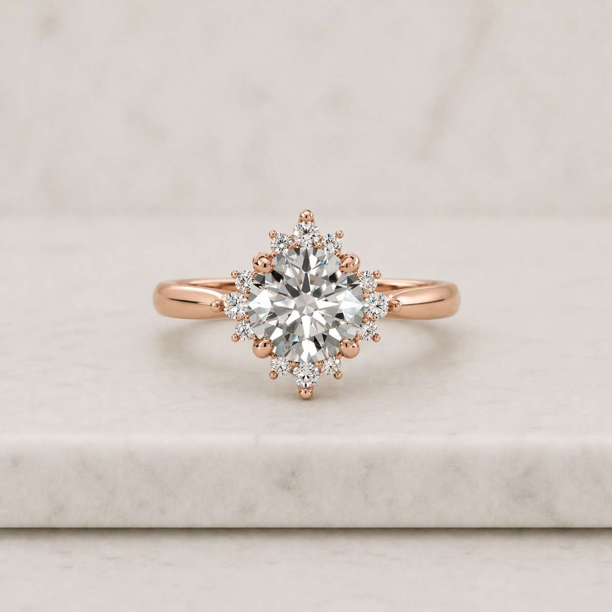Minimalist Round Cut Moissanite Ring: 14k Gold Diamond Halo Flower Wedding Ring
