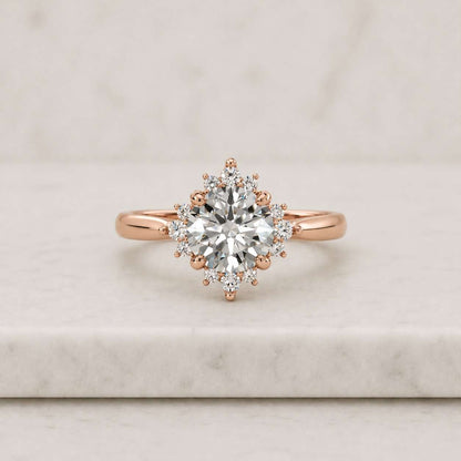 Minimalist Round Cut Moissanite Ring: 14k Gold Diamond Halo Flower Wedding Ring
