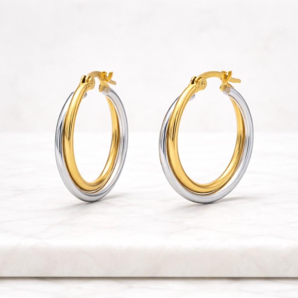 Organically Shaped Two-tone Open Hoop Earrings | Sterling Silver & 14K Gold Plated Twisted Hoops
