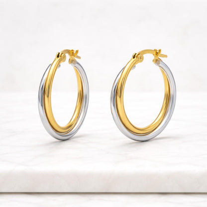 Organically Shaped Two-tone Open Hoop Earrings | Sterling Silver & 14K Gold Plated Twisted Hoops
