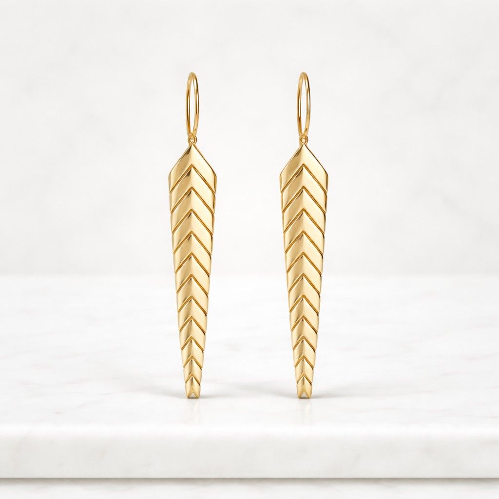 Gold Earrings, 14K Solid Gold Fishtail Earrings, Dainty Long Chevron Earrings, Elegant Dangle Long Drop Earrings, Minimalist Shaped Earrings
