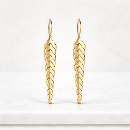 Gold Earrings, 14K Solid Gold Fishtail Earrings, Dainty Long Chevron Earrings, Elegant Dangle Long Drop Earrings, Minimalist Shaped Earrings
