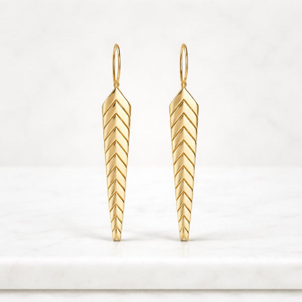 Gold Earrings, 14K Solid Gold Fishtail Earrings, Dainty Long Chevron Earrings, Elegant Dangle Long Drop Earrings, Minimalist Shaped Earrings

