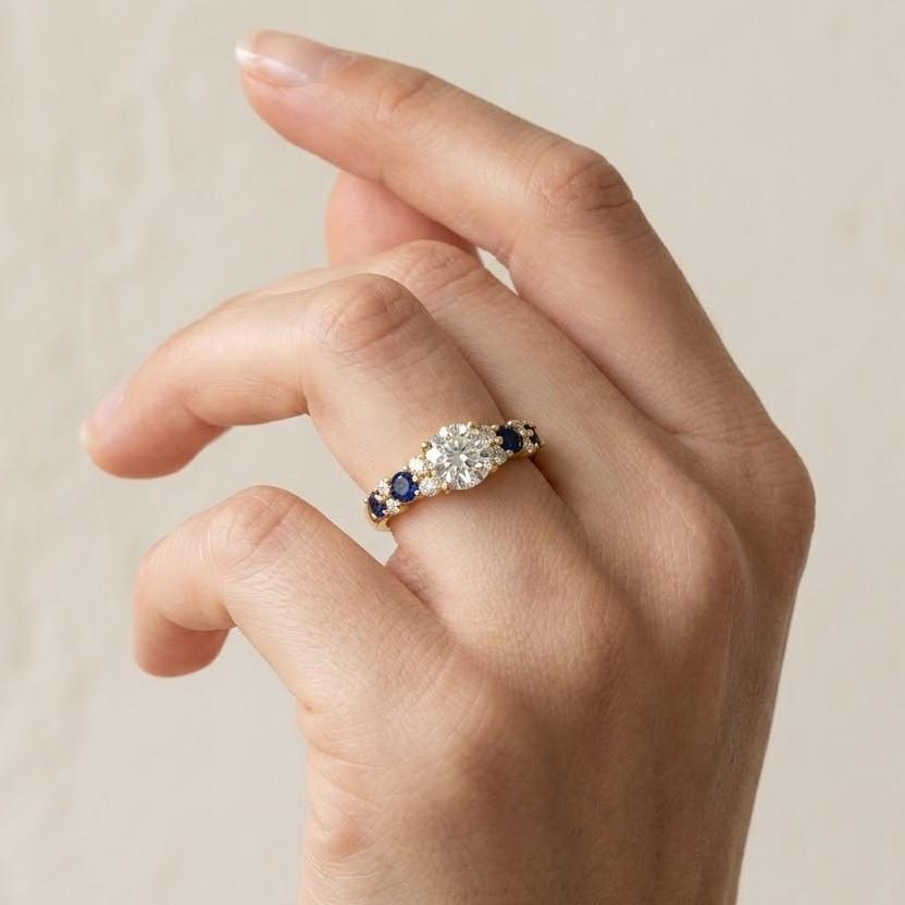 Three Stone Engagement Ring, 2CT Round Cut & Blue Sapphire Diamond Wedding Ring, 14K White Gold Three Stone Moissanite Diamond Women's Ring
