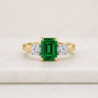 Solid Gold Lab Grown Emerald Engagement Ring, Birthstone Ring