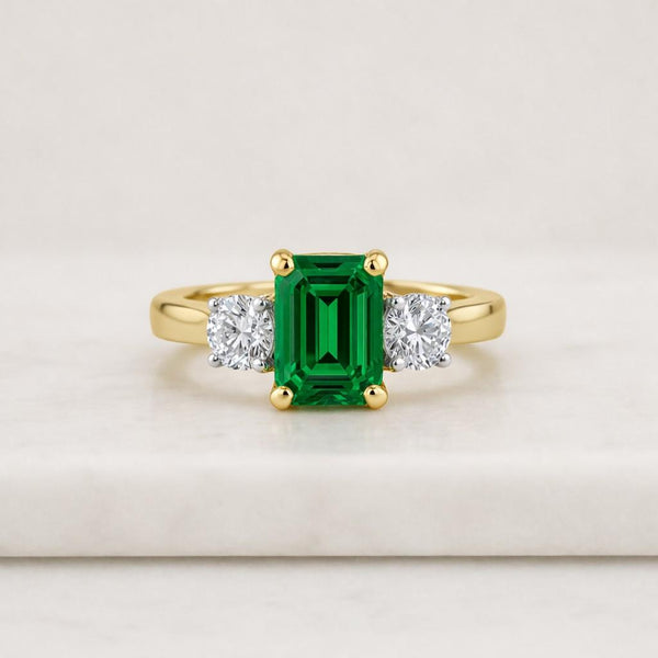 Solid Gold Lab Grown Emerald Engagement Ring, Birthstone Ring