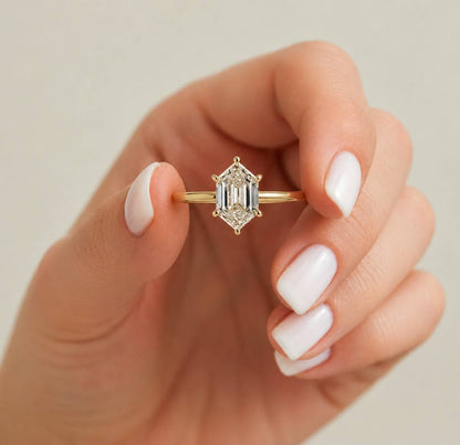 Elongated Hexagon Cut Lab Grown Diamond Solitaire Engagement Ring Minimalist Geometric 18K Gold Ring, Gift for Her
