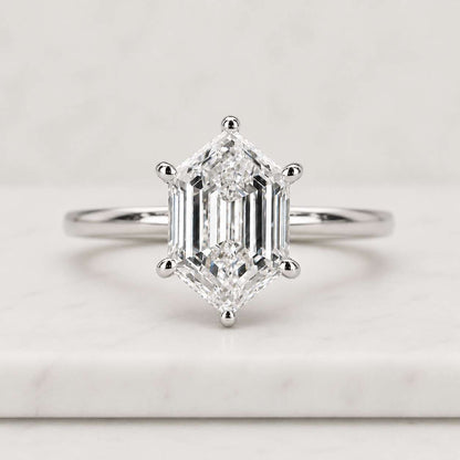 Hexagon Cut lab diamond 14K Yellow solid rose Gold Engagement Solitaire Ring for Her Unique shape luxury Promise Anniversary band Gift her
