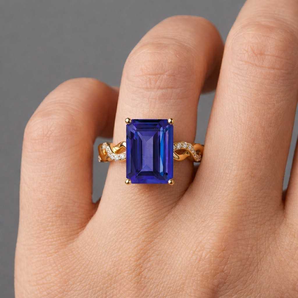 Emerald Cut Blue Sapphire Engagement Ring, Vintage Style Diamond Gold Band