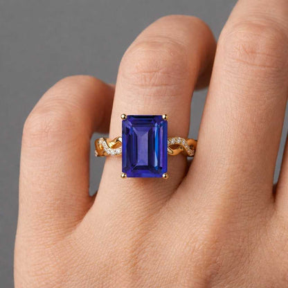 Emerald Cut Blue Sapphire Engagement Ring, Vintage Style Diamond Gold Band
