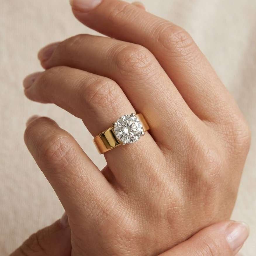 Solitaire Wide Ring, Round Cut Lab Grown Diamond Engagement Ring, Stackable Wide Cigar Band,14K Solid Yellow Gold Thick Wedding Ring
