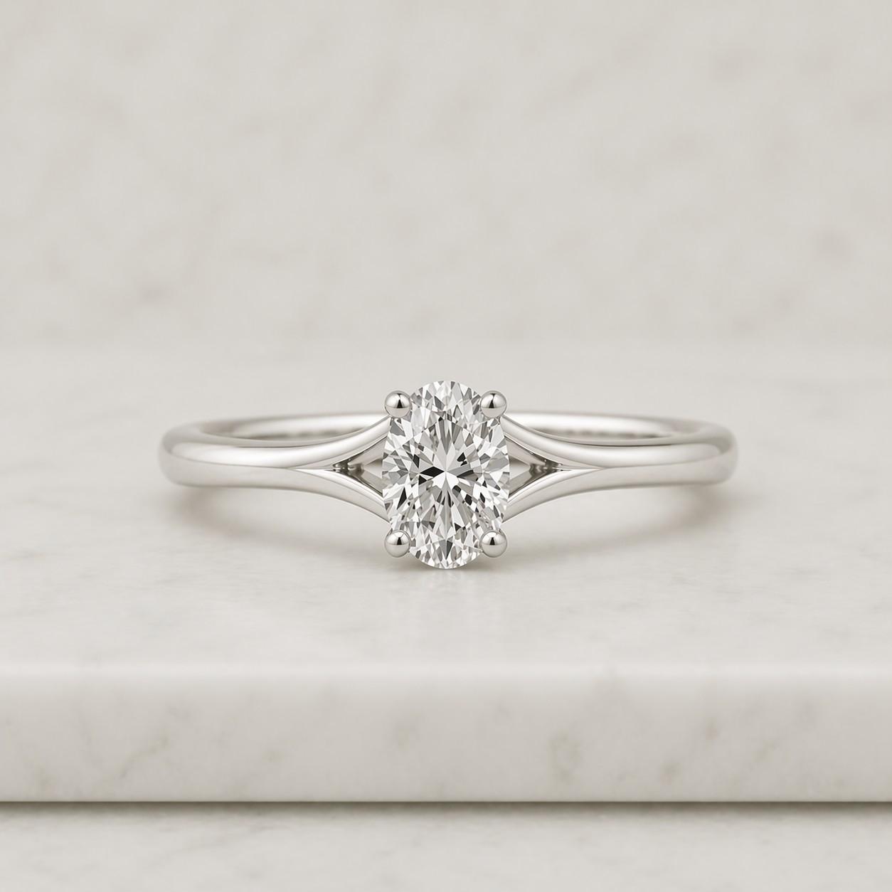 Solid Gold Oval Cut Moissanite Engagement Ring Split Shank, Solitaire Ring