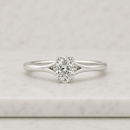 Solid Gold Oval Cut Moissanite Engagement Ring Split Shank, Solitaire Ring