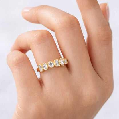 Multi Stone Gold Ring, 0.50 Ctw Lab Grown Diamond Band, Bezel Set Marquise & Baguette, Geometric Art Deco Stackable Anniversary Ring for Her